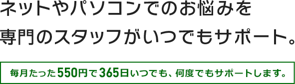 ネットやパソコンでのお悩みを専門のスタッフがいつでもサポート。毎月たった550円で365日いつでも、何度でもサポートします。